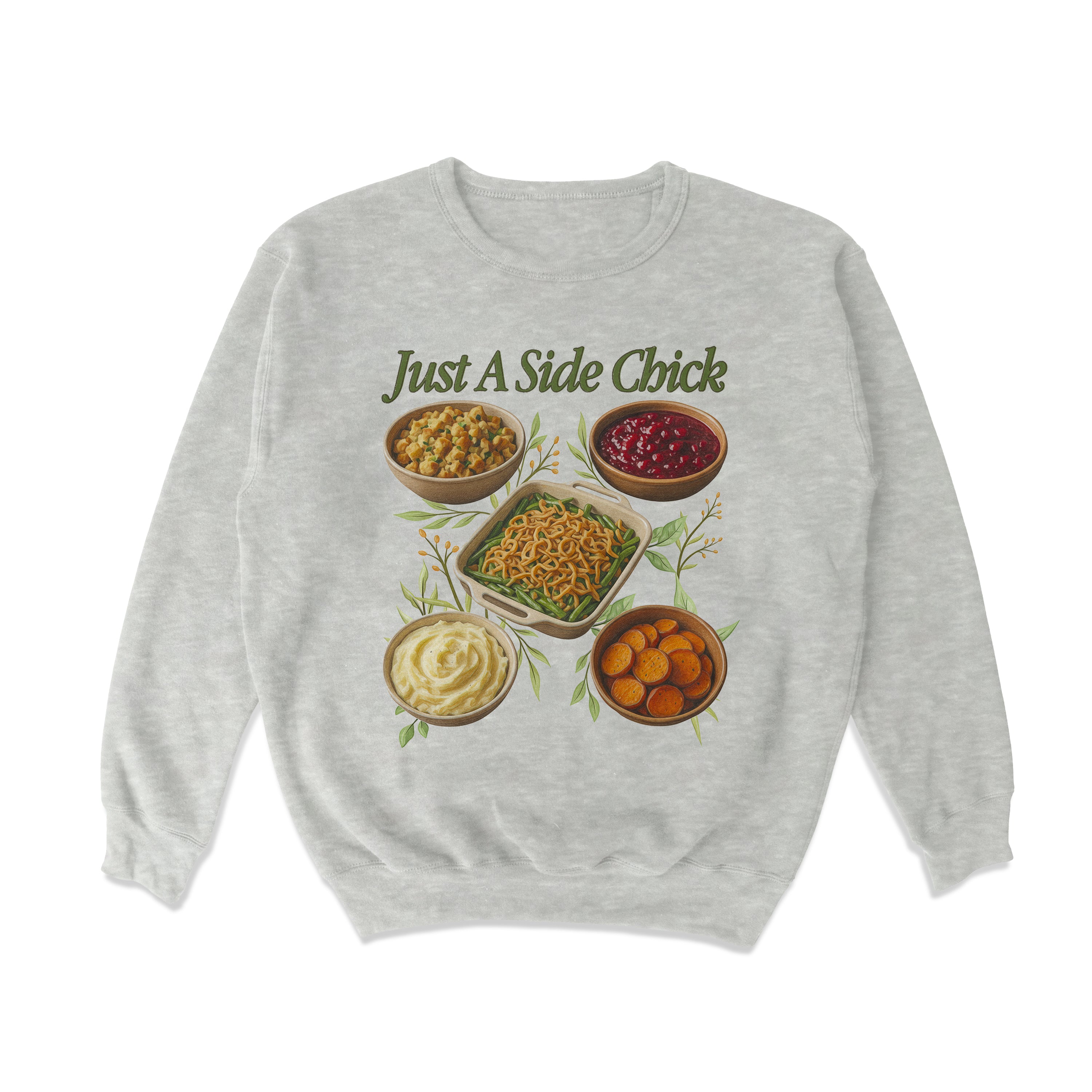 Gray sweatshirt with side dish illustration and text on a white background