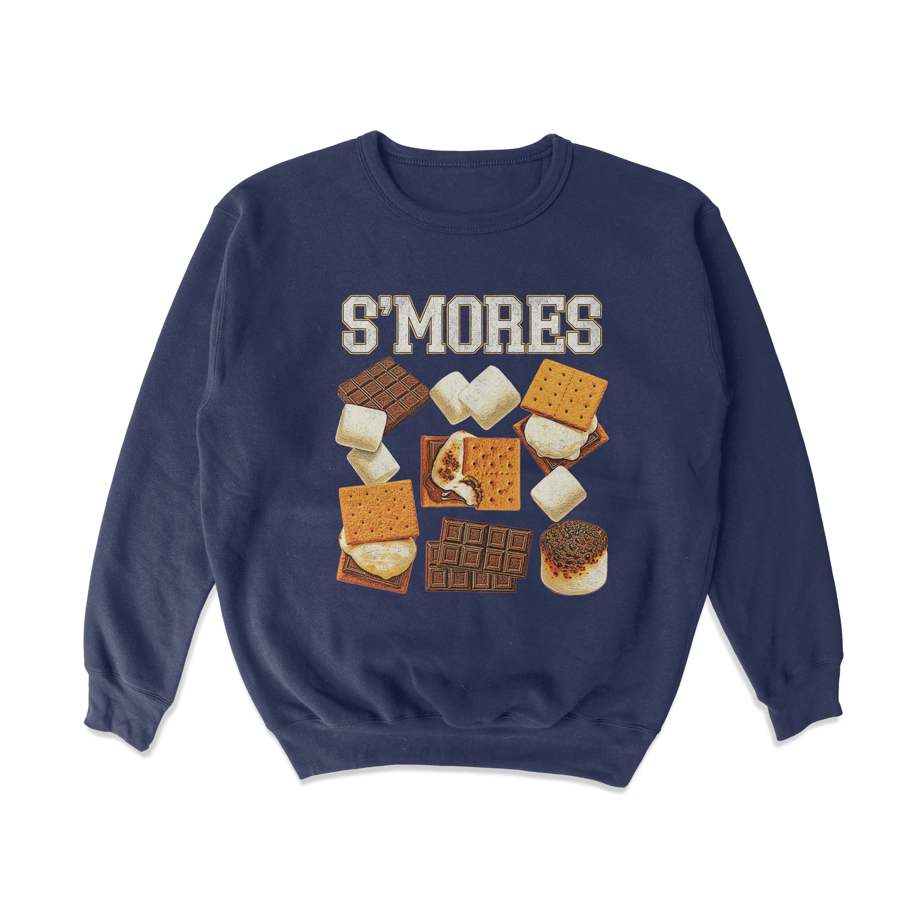 Navy blue sweatshirt with 'S'MORES' graphic on a white background