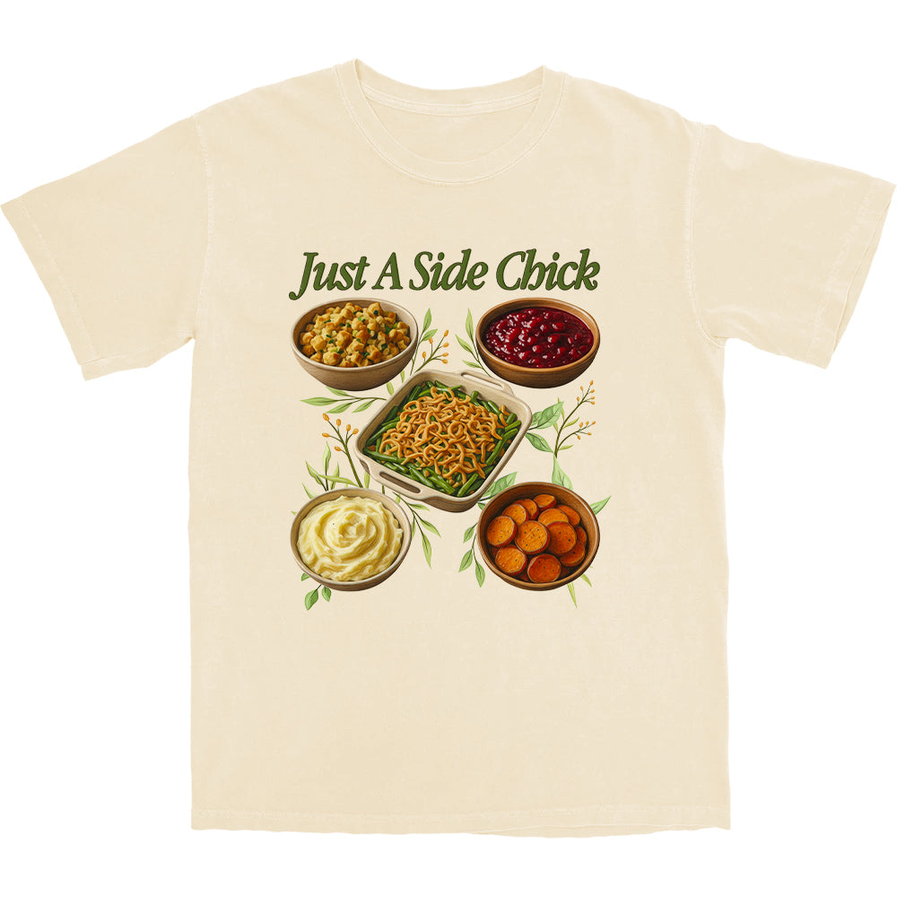 Beige t-shirt with side dish graphics and text 'Just A Side Chick' on a white background